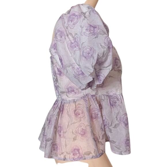Floral Puff Sleeve Top Sheer Peplum Women Medium Square Neck Fairy Coquette Boho - Picture 4 of 7